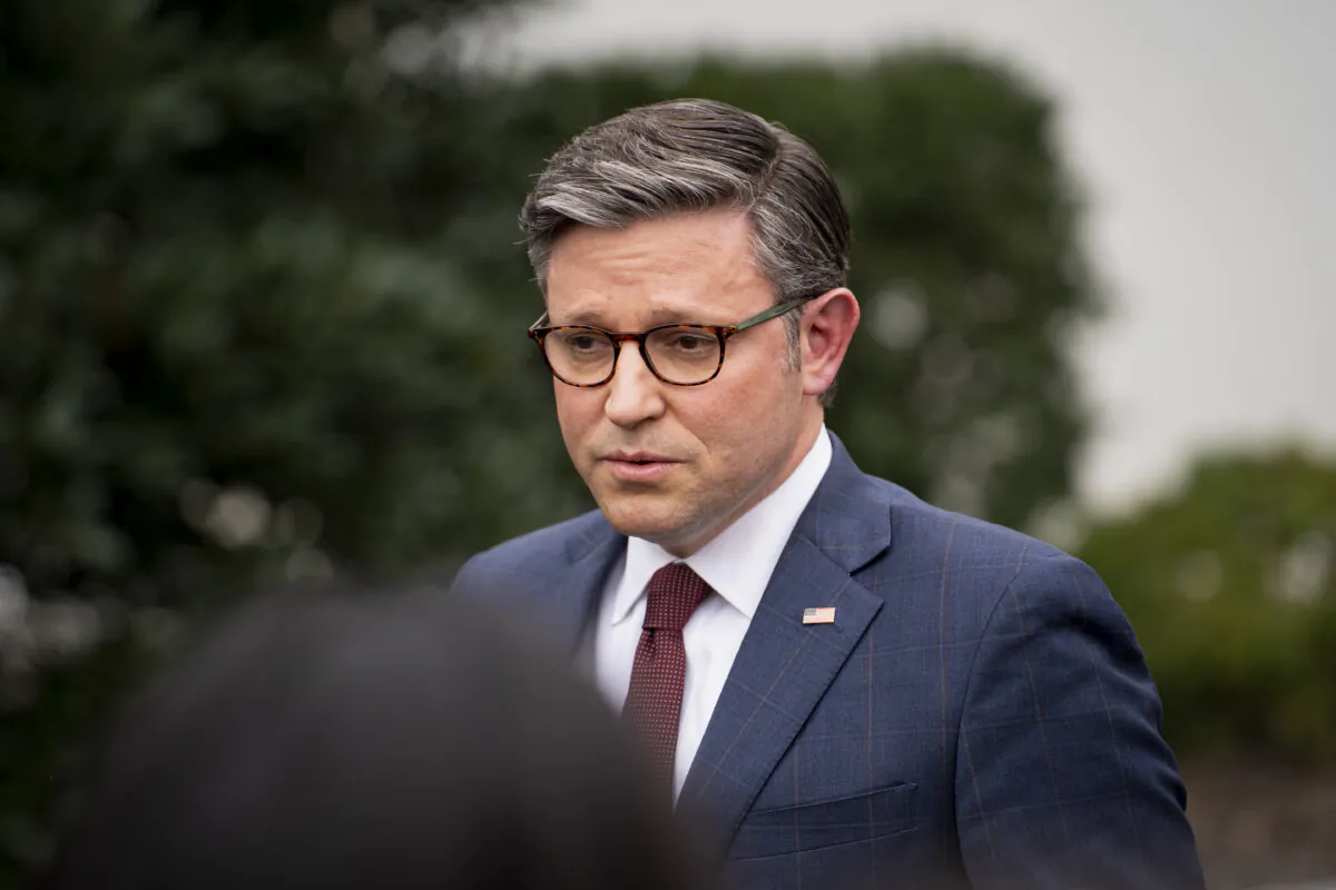 House Speaker Mike Johnson (R-La.) speaks to the press after meeting with President Joe Biden and other Congressional leaders at the White House in Washington on Feb. 27, 2024. (Madalina Vasiliu/The Epoch Times)