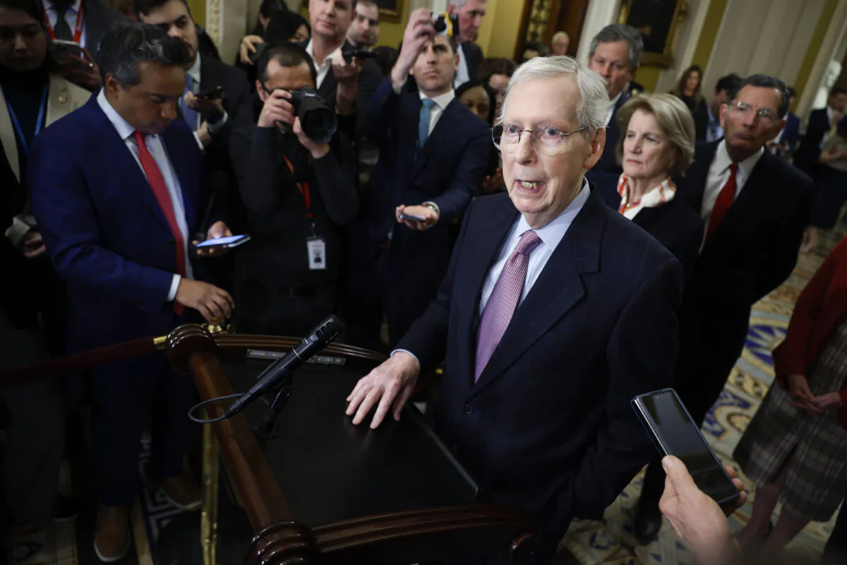 Senate Minority Leader Mitch McConnell (R-Ky.) talks to reporters following the weekly Senate Republican caucus policy luncheon at the U.S. Capitol in Washington on Feb. 27, 2024. (Chip Somodevilla/Getty Images)