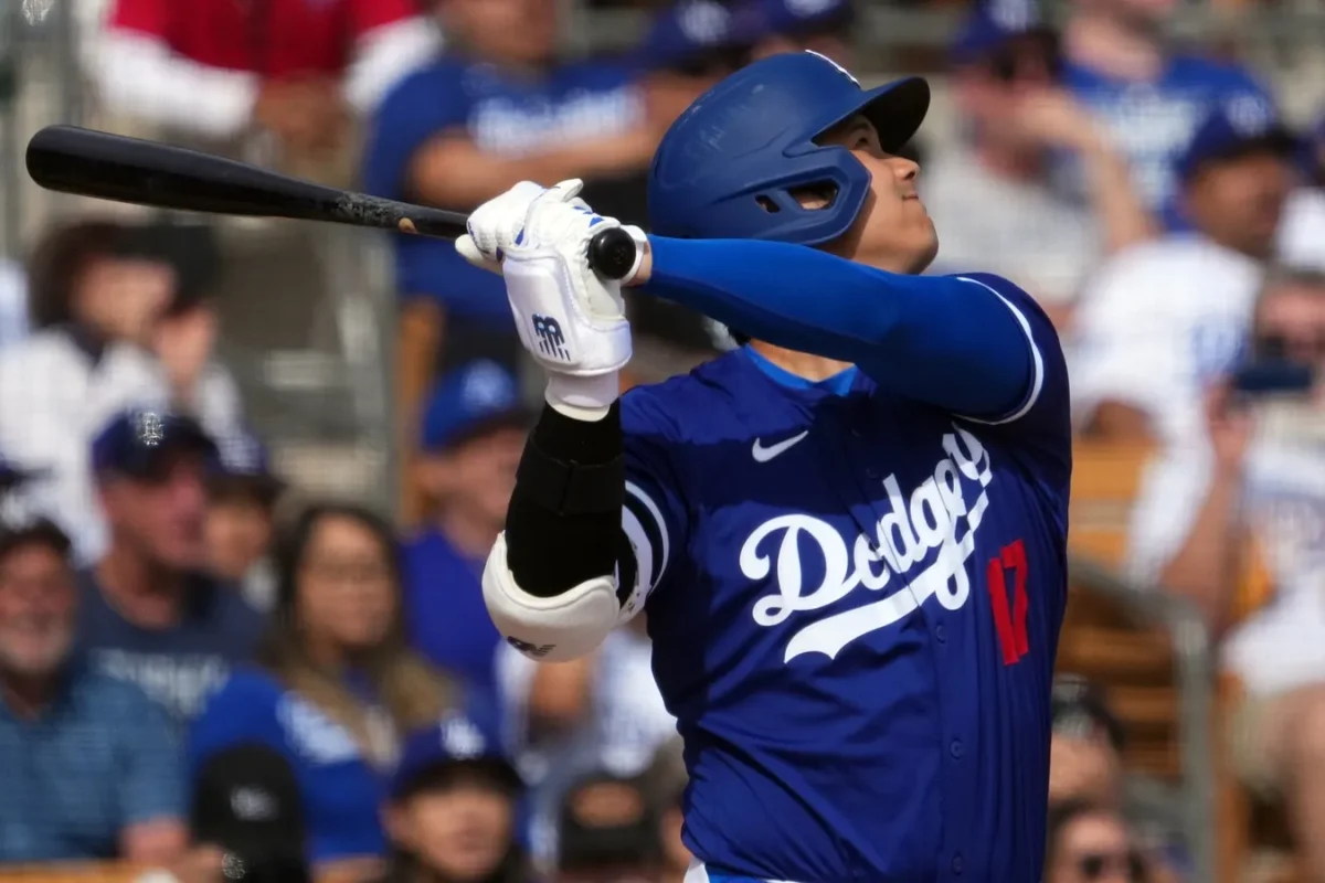 Los Angeles Dodgers designated hitter Shohei Ohtani (17) hits a two run home run during the fifth inning against the Chicago White Sox at Camelback Ranch-Glendale in Phoenix on Feb. 27, 2024. (Joe Camporeale/USA TODAY Sports via Field Level Media)