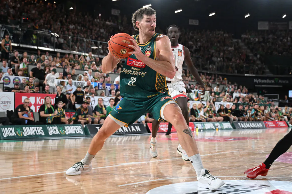 Will Magnay of the Jackjumpers drives to the basket during the NBL Seeding Qualifier match between Tasmania Jackjumpers and Illawarra Hawks at MyState Bank Arena in Hobart, Australia, on Feb. 28, 2024. (Photo by Steve Bell/Getty Images)