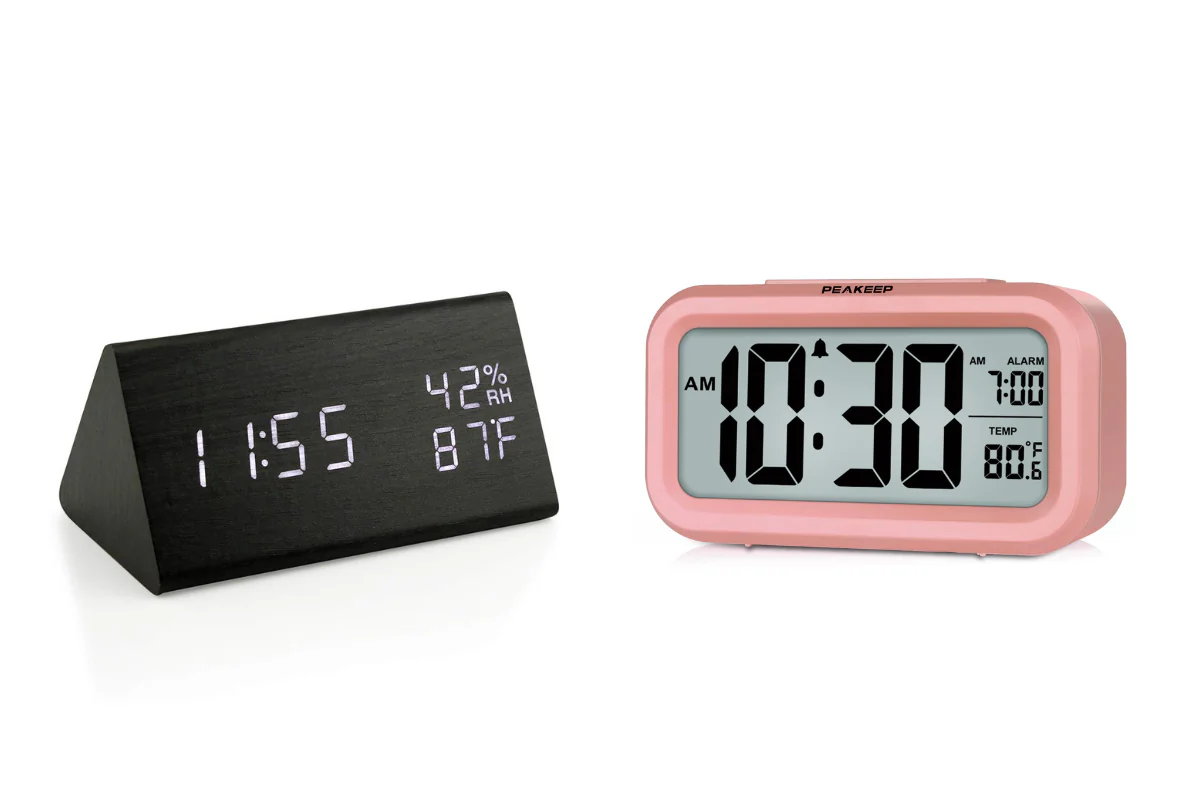 (Left) OCT17 Wooden Alarm Clock (Right) Peakeep Night Light Digital Alarm Clock (Illustration by The Epoch Times, Amazon)