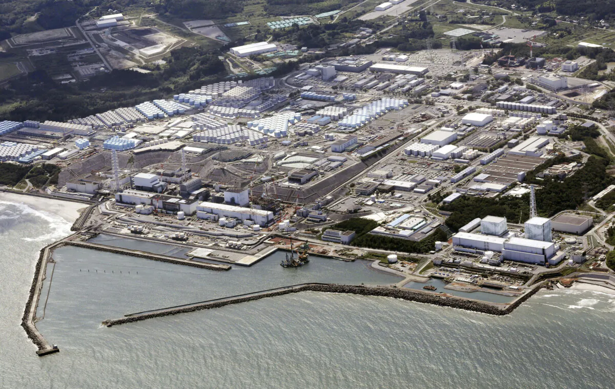 This aerial view shows the wrecked Fukushima Daiichi nuclear power plant in Okuma town, northeastern Japan, on Aug. 24, 2023. (Kyodo News via AP)