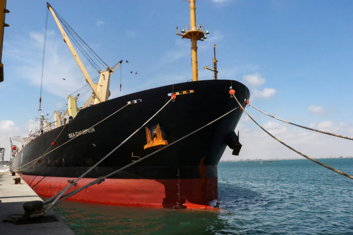 Greek-flagged bulk cargo vessel Sea Champion is docked to the port of Aden, Yemen, on Feb. 21, 2024. (Fawaz Salman/Reuters)