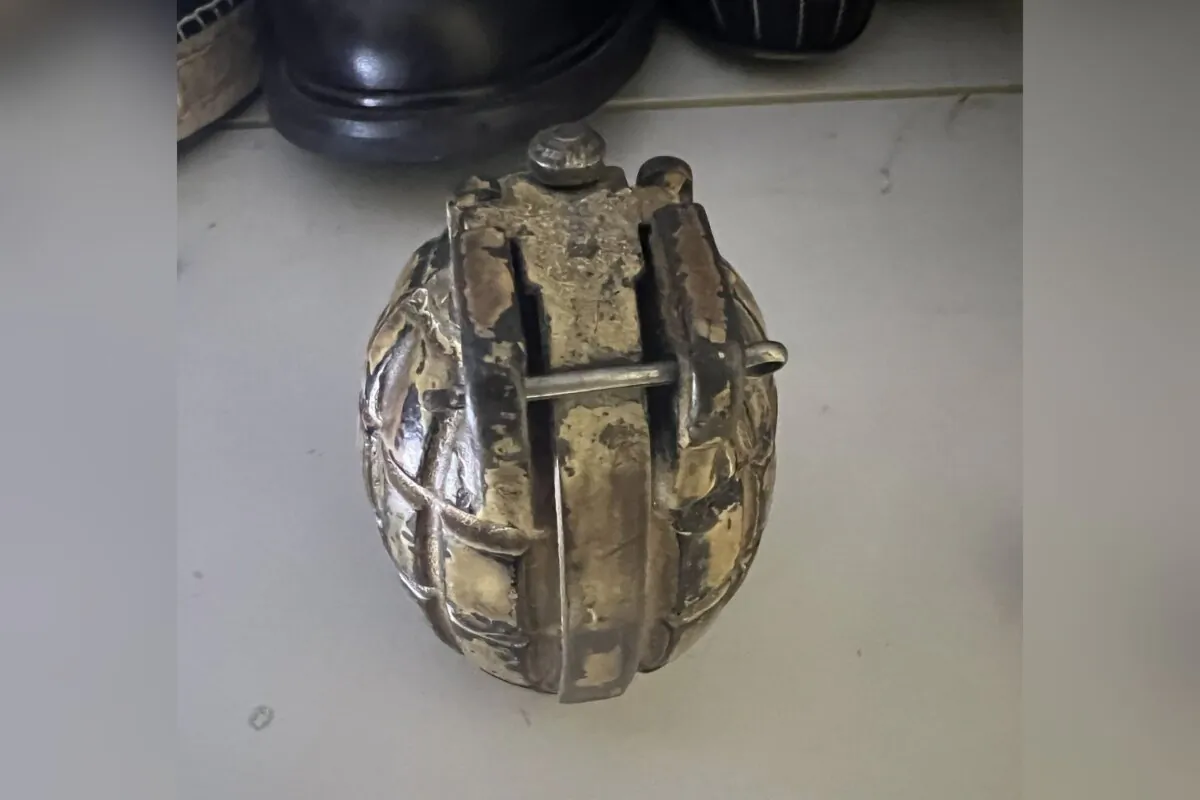 A decommissioned grenade is shown in this undated handout photo from Abbotsford Police, who say the grenade was found in a thrift store donation bin on Feb. 26, 2024. (The Canadian Press/HO, Abbotsford Police)