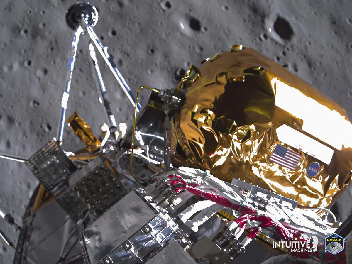 Odysseus lunar lander over the south pole region of the Moon in this image provided on Feb. 27, 2024. (Intuitive Machines via AP)