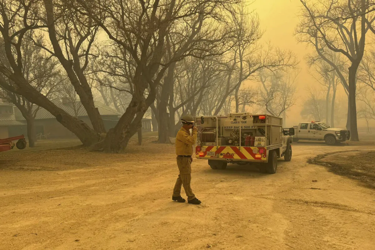 Flower Mound, Texas, firefighters respond to a fire in the Texas Panhandle, on Feb. 27, 2024. (Flower Mound Fire Department via AP)