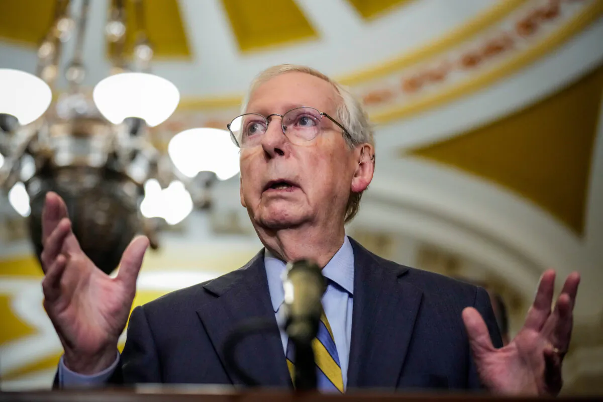 Senate Minority Leader Mitch McConnell (R-Ky.) speaks to reporters after a closed-door lunch meeting with Senate Republicans at the U.S. Capitol in Washington on Oct. 24, 2023. (Drew Angerer/Getty Images)
