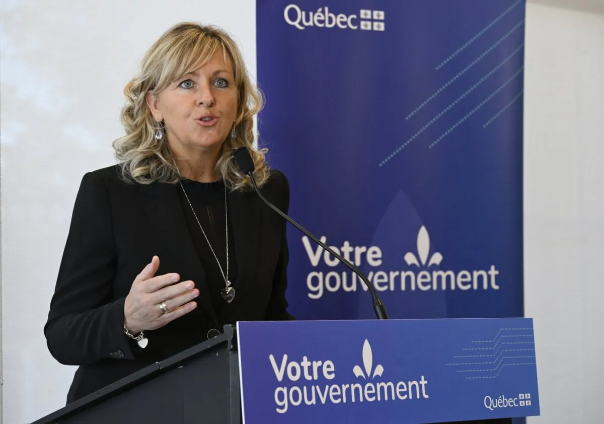 Quebec Municipal Affairs Minister Andree Laforest announces $2 million to connect elected officials and their families with psychological aid resources in the province in Scott, Quebec on Feb. 8, 2024. (The Canadian Press/Jacques Boissinot)