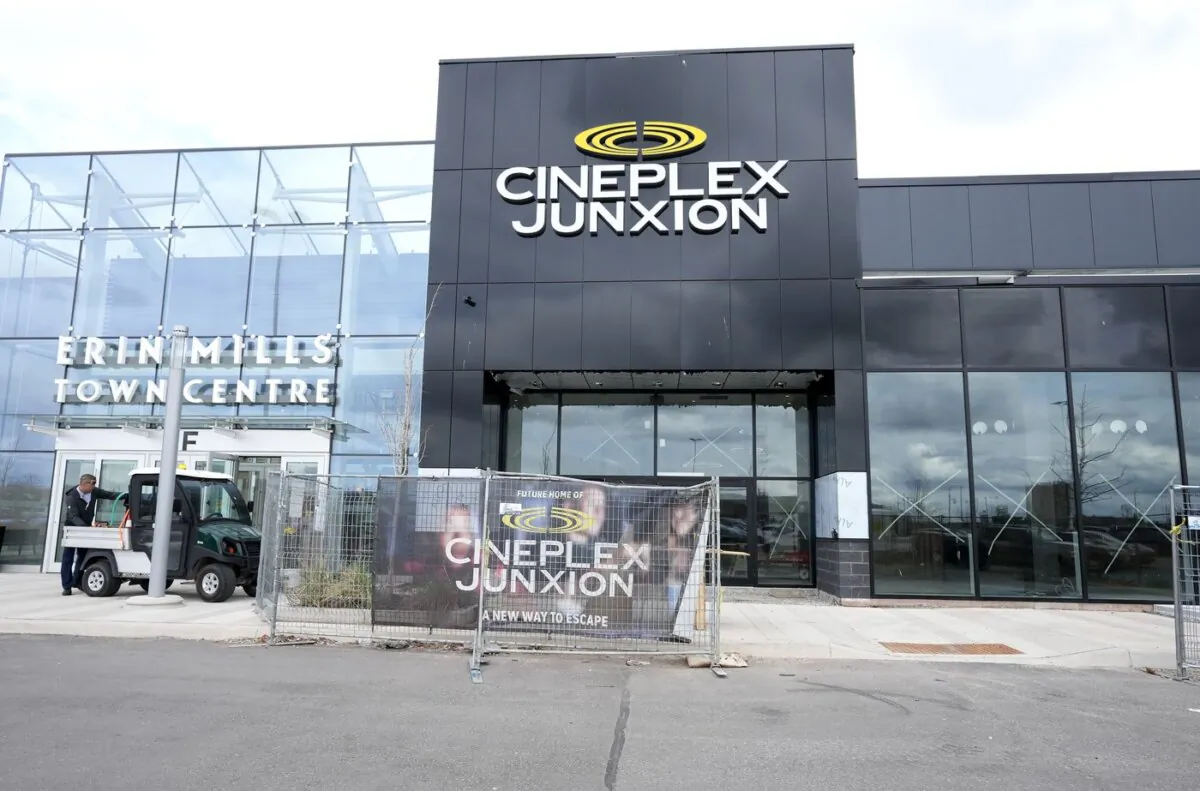 The exterior of Cineplex Junxion Erin Mills is shown in Mississauga, Ont., on April 24, 2023. (The Canadian Press/Nathan Denette)
