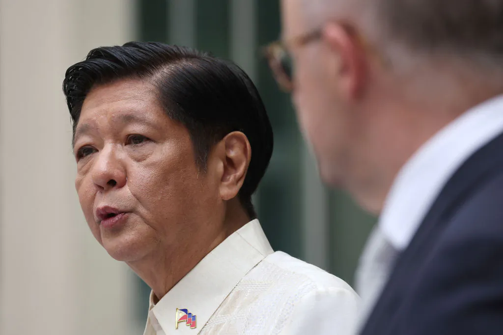 Australia's Prime Minister Anthony Albanese (R) and Philippines' President Ferdinand Marcos Jr. hold a joint press conference at the Parliament House in Canberra, Australia on Feb. 29, 2024. (David Gray/AFP via Getty Images)