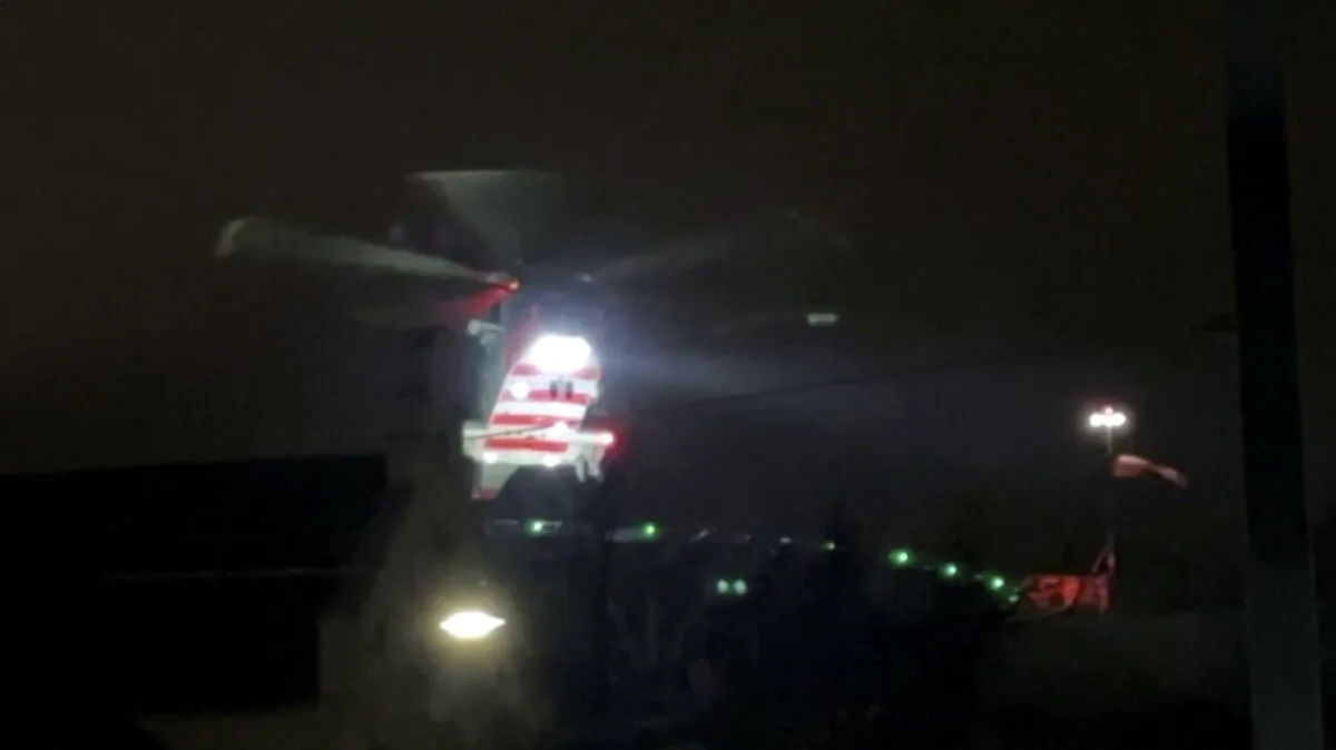 A helicopter comes to land at Haukeland University Hospital in Bergen, Norway, on Feb. 28, 2024, in a still from video. (TV2 via Reuters/Screenshot via The Epoch Times)