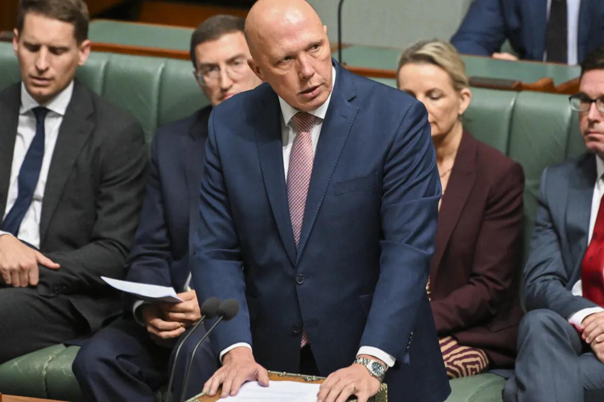 Opposition Leader Peter Dutton makes a statement in the House of Representatives at Parliament House in Canberra, Australia, on Feb. 13, 2023. (Martin Ollman/Getty Images)