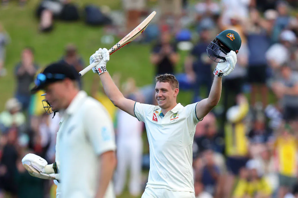 Cameron Green of Australia celebrates his century during day one of the First Test in the series between New Zealand and Australia at Basin Reserve in Wellington, New Zealand on Feb. 29, 2024. (Hagen Hopkins/Getty Images)