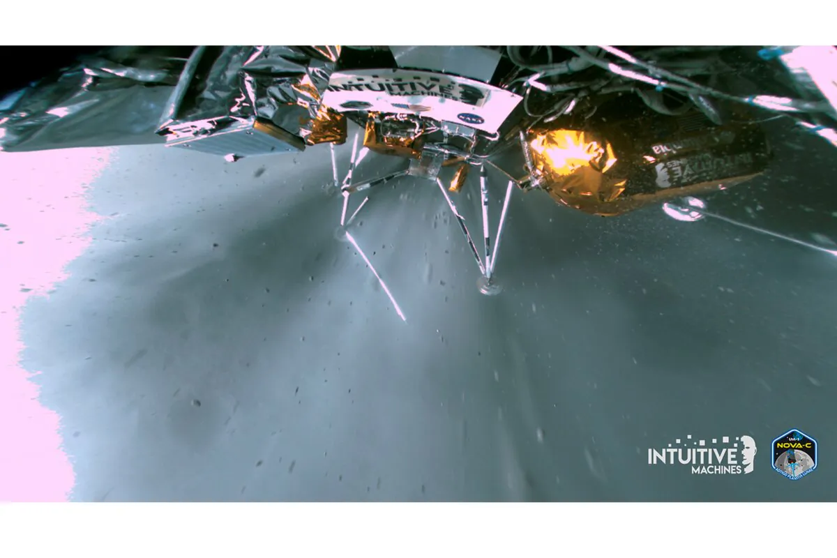 A broken landing leg on the Odysseus lander can be viewed in this image. (Intuitive Machines via AP)