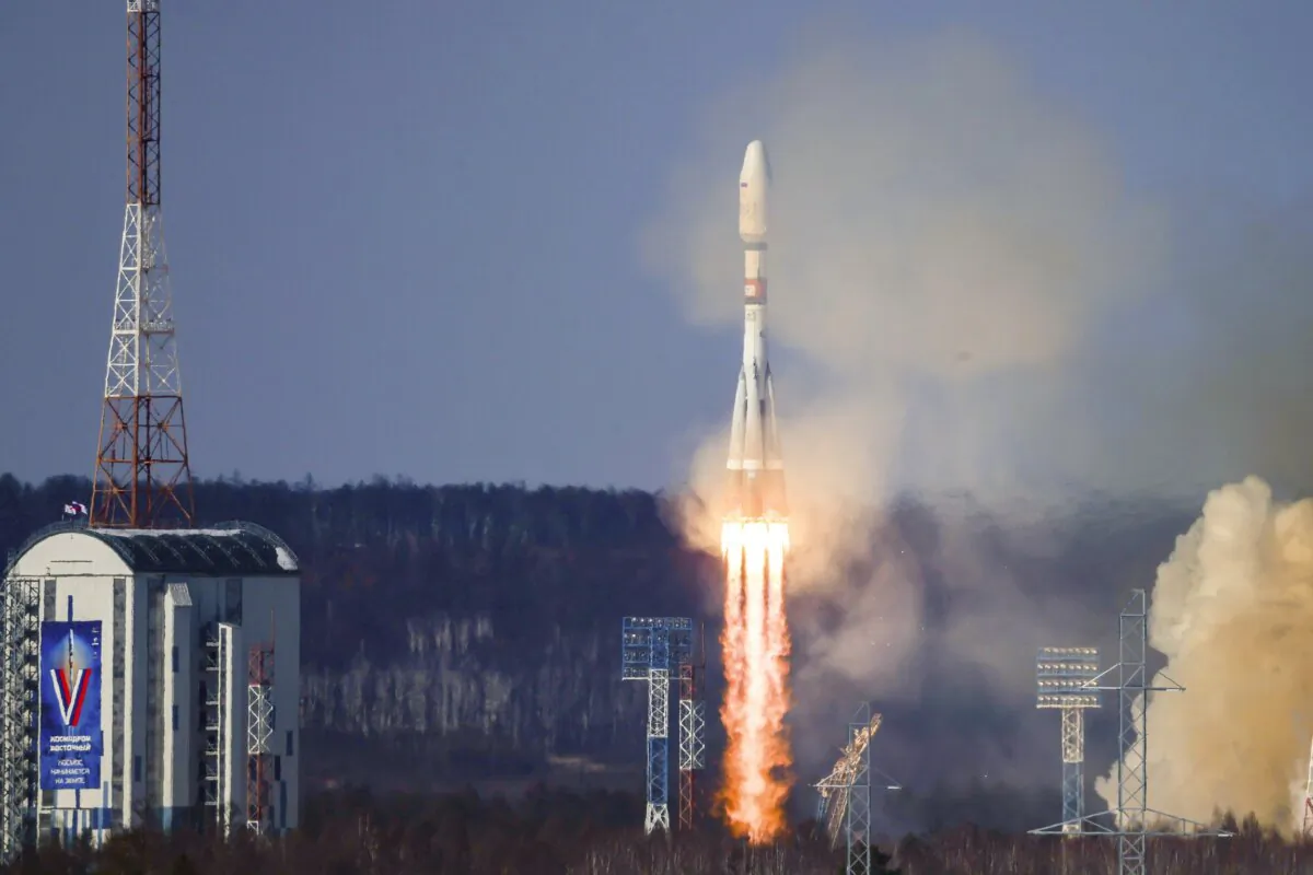 The Soyuz-2.1b rocket blasts off at the Vostochny cosmodrome outside the city of Tsiolkovsky, about 200 kilometers (125 miles) from the city of Blagoveshchensk in the far eastern Amur region, Russia, in this photo released on Feb. 29, 2024. (Roscosmos space corporation via AP)