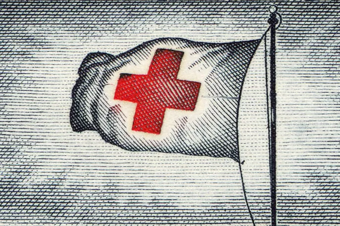An edited, cropped image based on the U.S. stamp of the International Red Cross Centenary (1863-1963). (Victor S. McCloskey, Jr./U.S. Postal Service; National Postal Museum: Red Cross Centenary Issue)