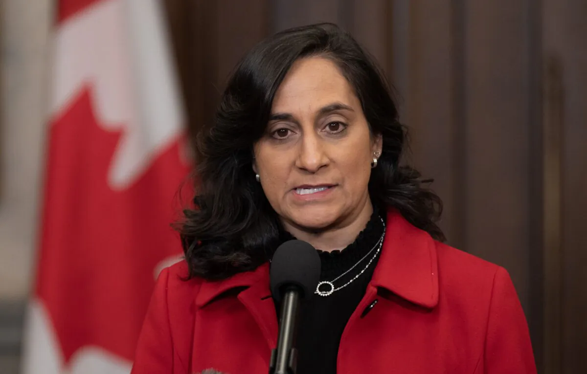 Internal Trade Minister Anita Anand speaks with reporters before Question Period, in Ottawa, on Feb. 26, 2024. (The Canadian Press/Adrian Wyld)