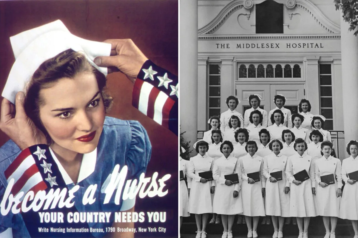 A historical ad for recruiting women into the U.S. Cadet Nurse Corps; an old Cadet Nurse class photo. (Public Domain; Courtesy of Eileen DeGaetano)
