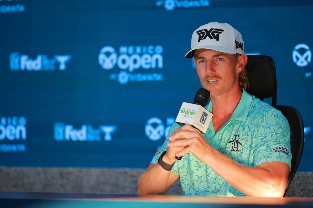 Jake Knapp of the United States speaks on a press conference following his victory at the Mexico Open at Vidanta at Vidanta Vallarta in Puerto Vallarta, Mexico, on Feb. 25, 2024. (Hector Vivas/Getty Images)