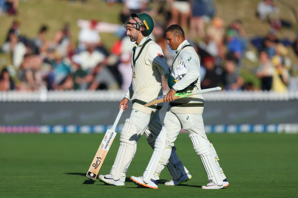 Nathan Lyon and Usman Khawaja of Australia leave the field at stumps during day two of the First Test in the series between New Zealand and Australia at Basin Reserve in Wellington, New Zealand on March 1, 2024. (Hagen Hopkins/Getty Images)
