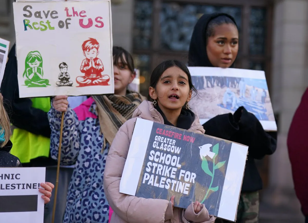 School and university students take part in a School Strike for Palestine walkout in George Square, Glasgow, Scotland, on Feb. 7, 2024. (Andrew Milligan/PA Wire)