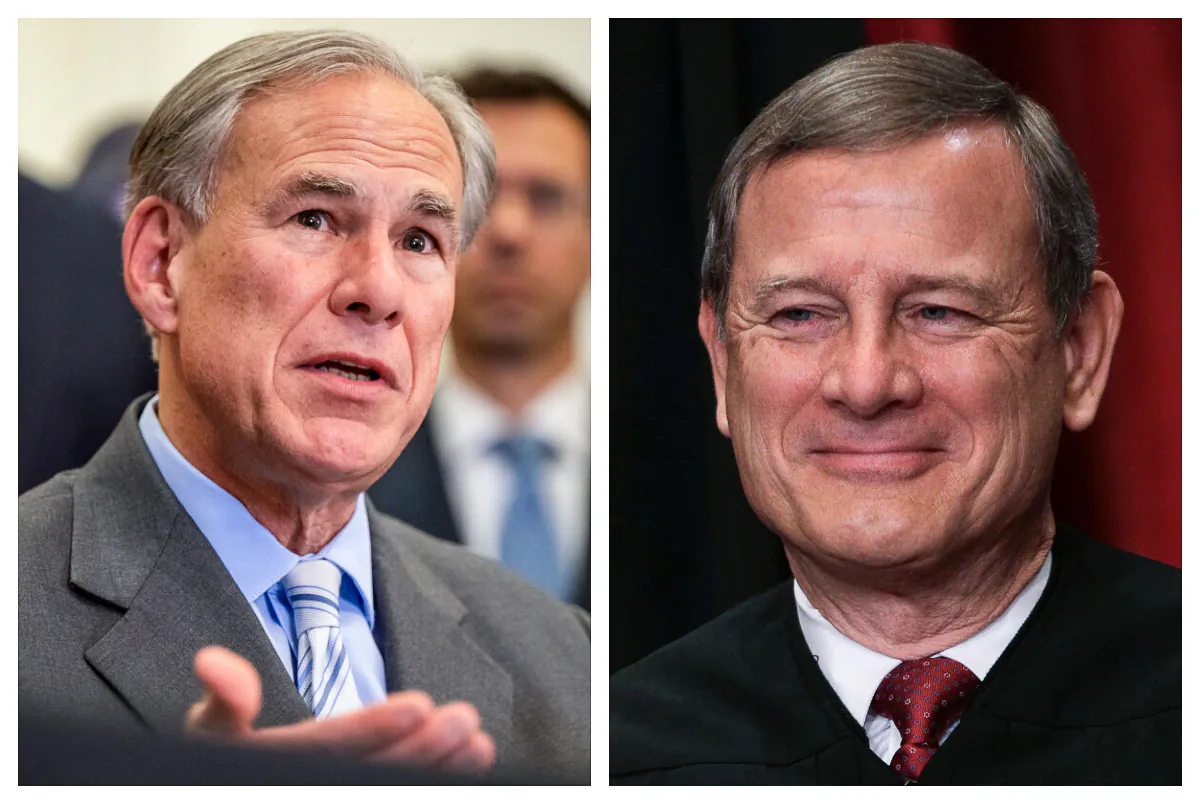 Texas Gov. Greg Abbott speaks during a news conference in Austin, Texas, on March 15, 2023.
U.S. Supreme Court Chief Justice John Roberts is seen in a file photo..
(Brandon Bell/Getty Images; Alex Wong/Getty Images)