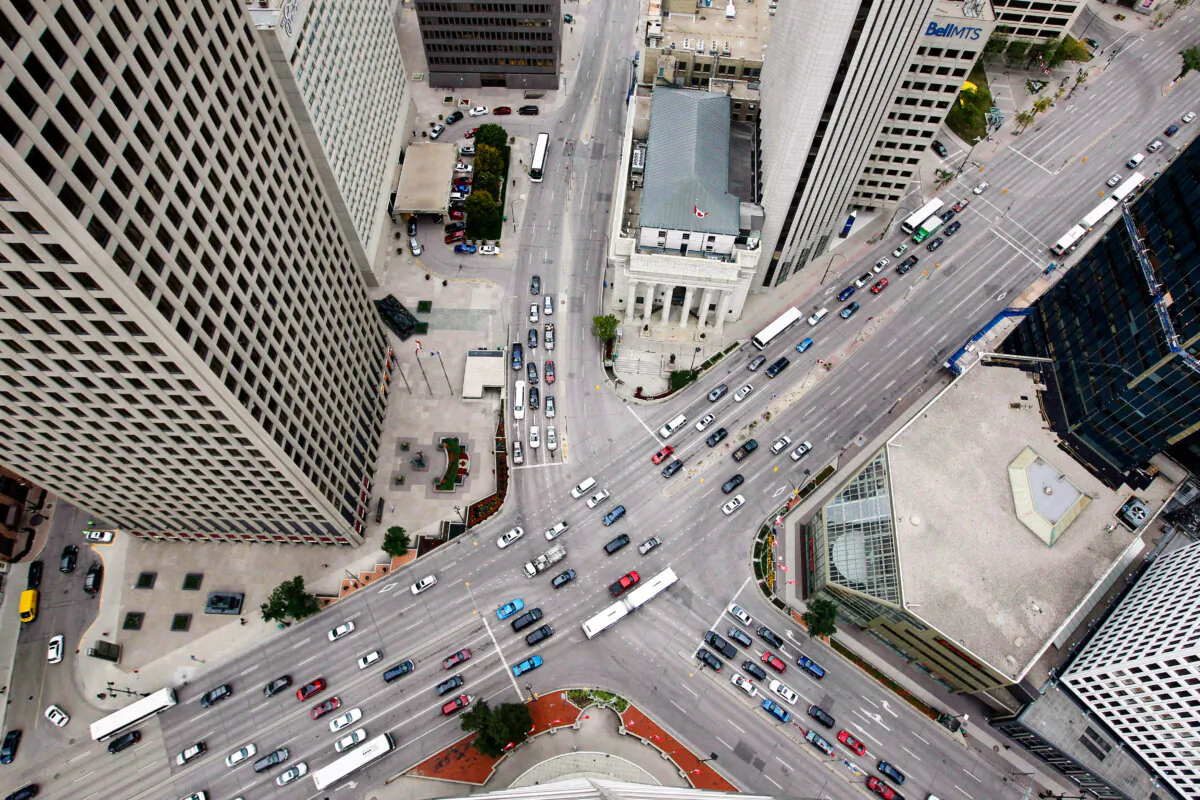 An aerial view of Portage and Main in Winnipeg is shown on Oct. 24, 2018. (The Canadian Press/John Woods)