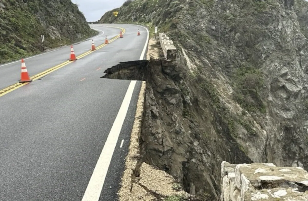 The Rocky Creek closure on California Highway 1 is seen in Monterey County, Calif., following heavy rain in the area on March 31, 2024. (Caltrans District 5 via AP)