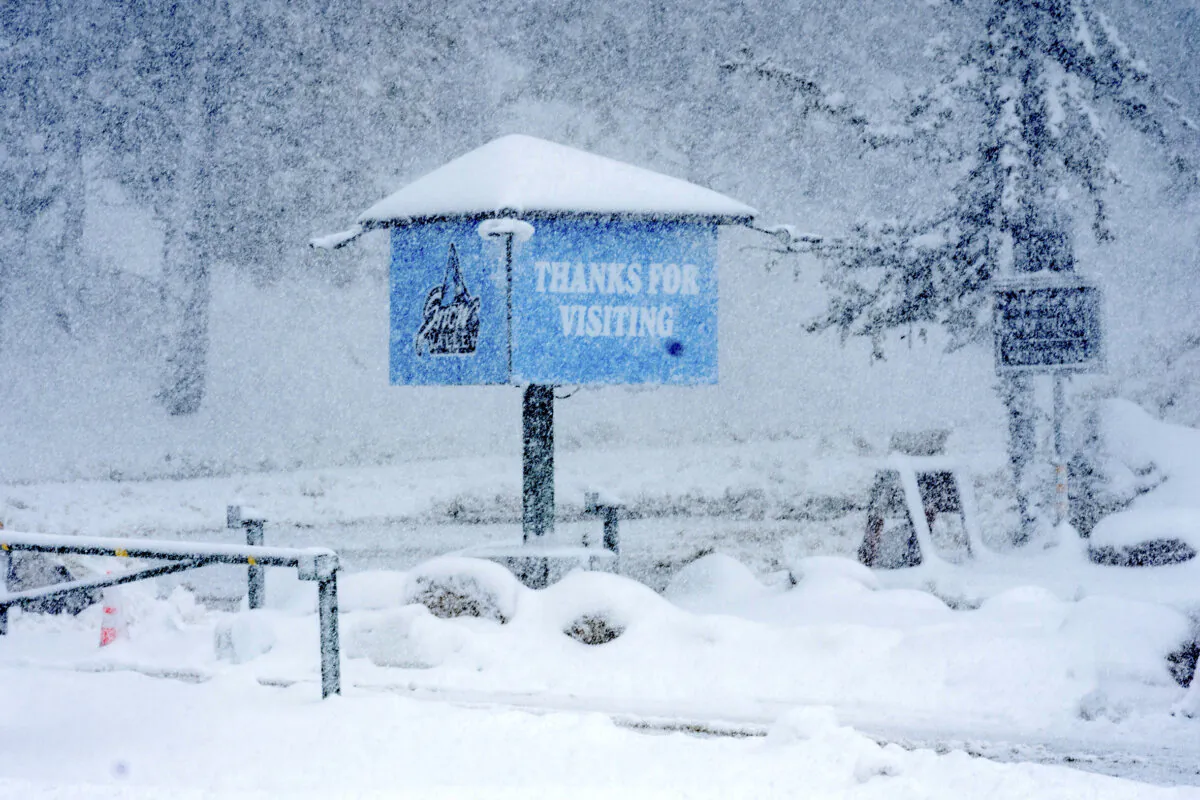 Snow falls on the Big Mountain Resort property during a storm in Big Bear Lake, Calif., on March 30, 2024. (Big Mountain Resort via AP)
