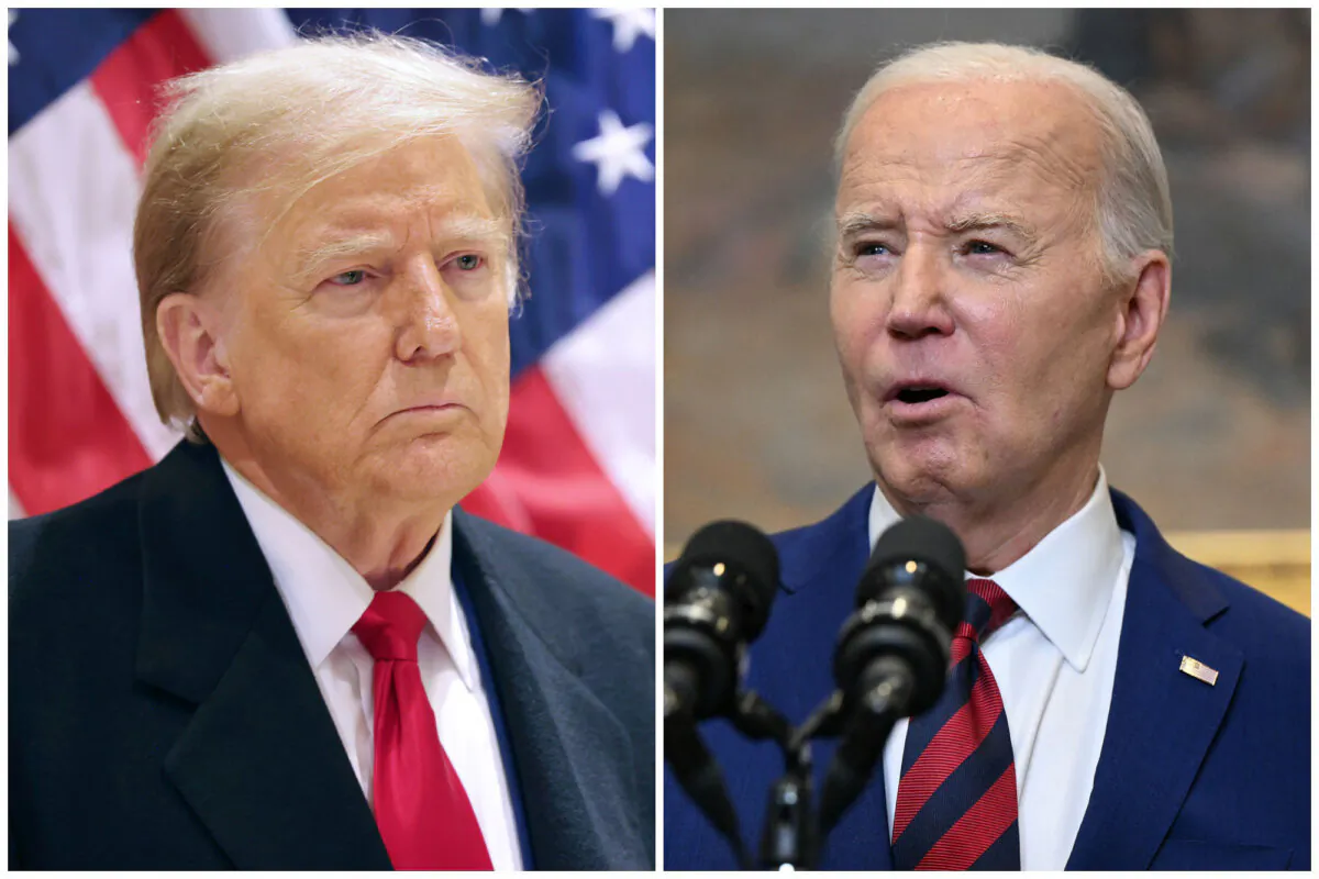 (Left) Former President Donald Trump in New York on March 25, 2024. (Right) President Joe Biden in the Roosevelt Room of the White House on March 26, 2024. (Michael M. Santiago/Getty Images;Pedro Ugarte/AFP via Getty Images)