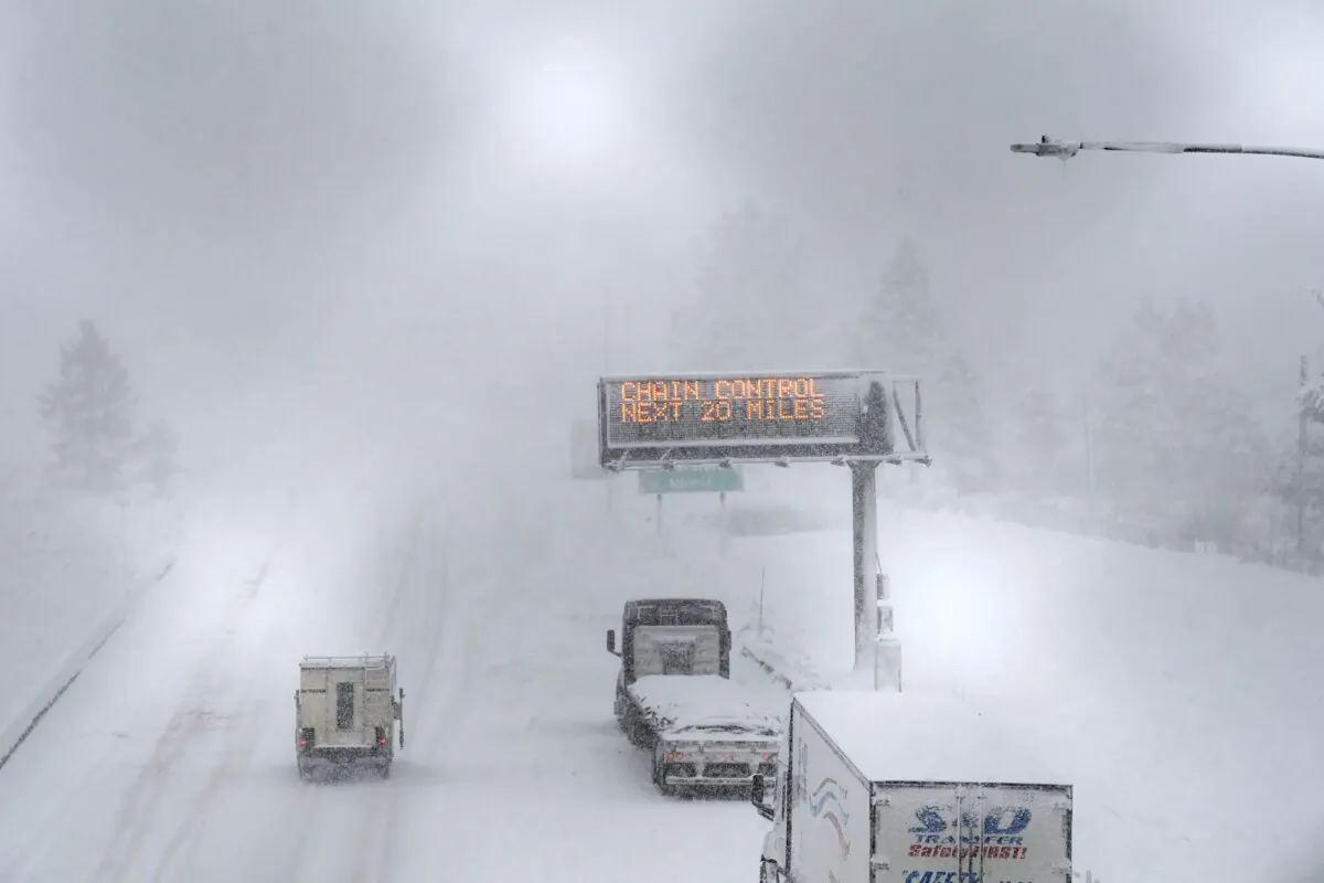 A lone camper truck moves north bound on the I-80 at the Donner Pass Exit in Truckee, Calif., on March 1, 2024. (Andy Barron/AP Photo)