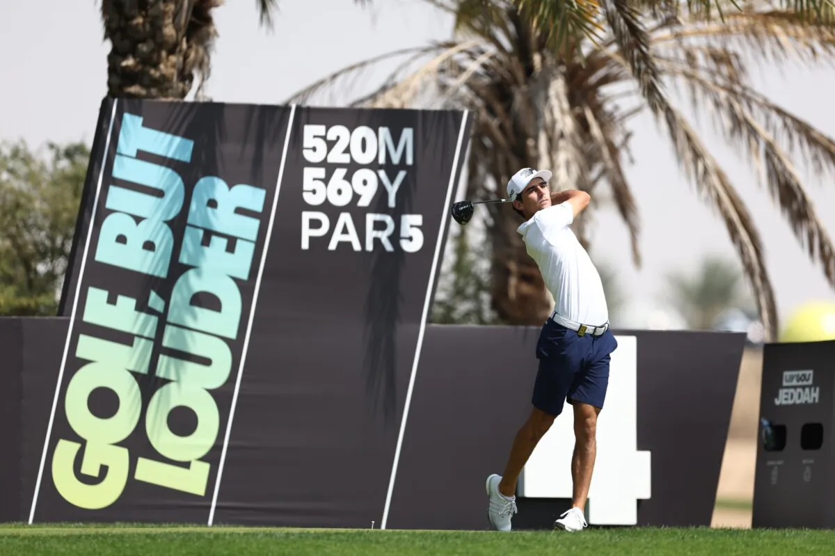 Joaquin Niemann of Torque GC plays a tee shot on the 4th hole during day two of the LIV Golf Invitational—Jeddah in King Abdullah Economic City, Saudi Arabia on Mar. 2, 2024. (Francois Nel/Getty Images)