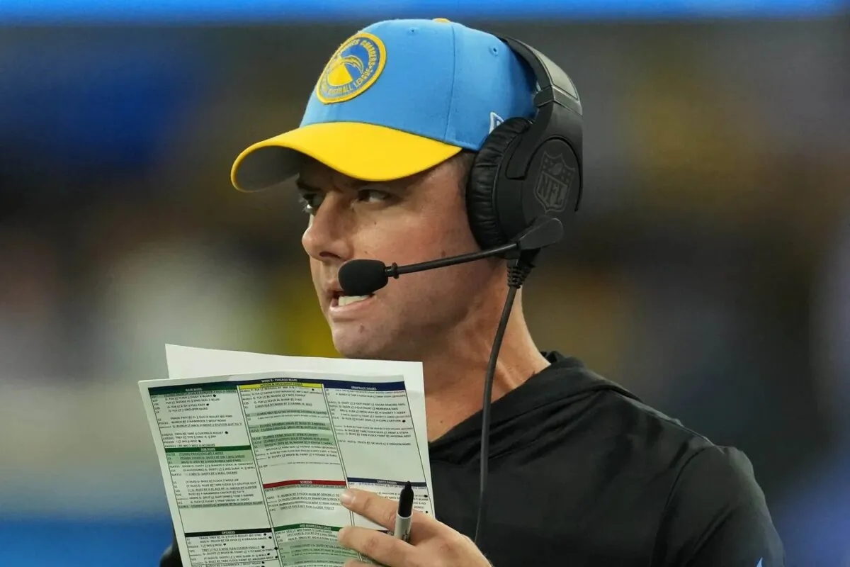 Former Los Angeles Chargers coach Brandon Staley watches from the sidelines against the Chicago Bears in the first half at SoFi Stadium in Inglewood, Calif., on Oct. 29, 2023. (Kirby Lee/USA TODAY Sports via Field Level Media)