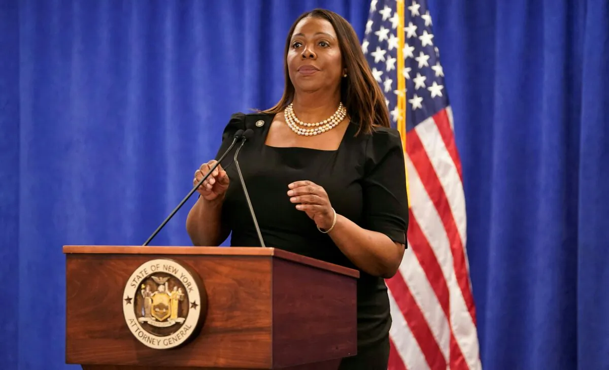 New York Attorney General Letitia James speaks during a press conference at the Office of the Attorney General in New York on Feb. 16, 2024. (Timothy A. Clary/AFP via Getty Images)