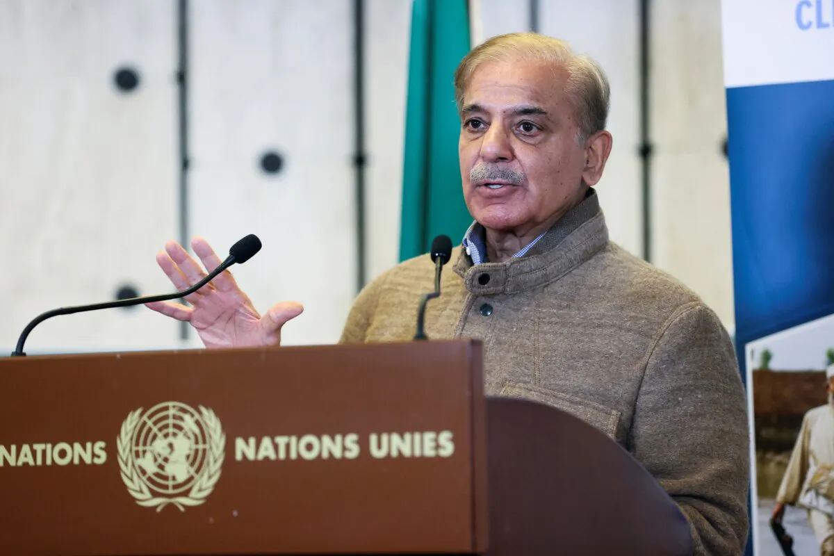 Pakistan's Prime Minister Shehbaz Sharif speaks at a news conference during a summit on climate resilience in Pakistan months after deadly floods in the country, at the United Nations in Geneva on Jan. 9, 2023. (Denis Balibouse/Reuters)