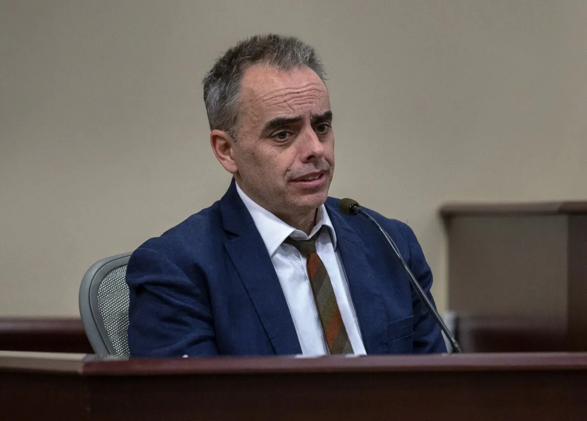 Director Joel Souza testifies in the trial against Hannah Gutierrez-Reed in state district court in Santa Fe, N.M., on March 1, 2024. (Eddie Moore/Albuquerque Journal via AP, Pool)
