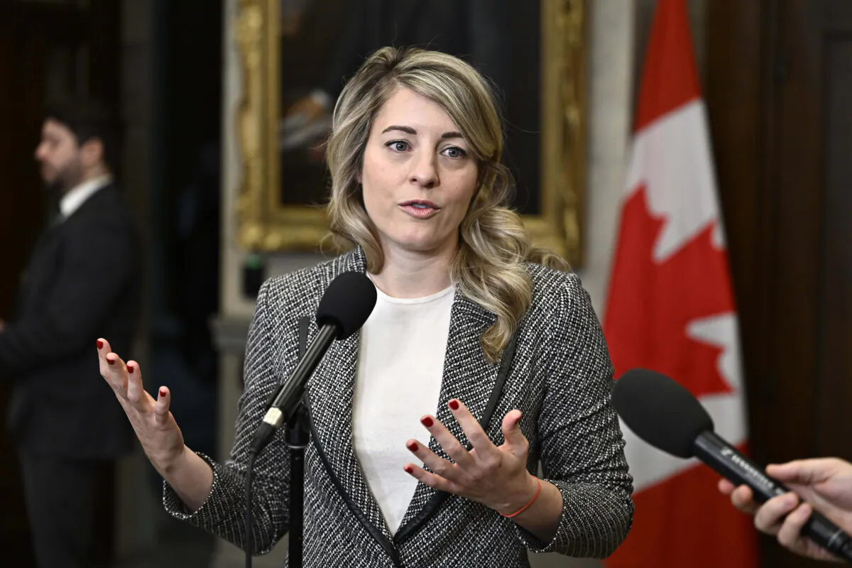 Minister of Foreign Affairs Melanie Joly speaks in the Foyer of the House of Commons on Parliament Hill in Ottawa, on March 1, 2024. (The Canadian Press/Justin Tang)