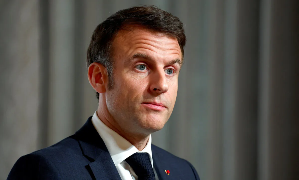 French President Emmanuel Macron looks on during a press conference at the end of the international conference aimed at strengthening Western support for Ukraine, at the presidential Elysee Palace in Paris on Feb. 26, 2024. (Gonzalo Fuentes/Pool/AFP/Getty Images)