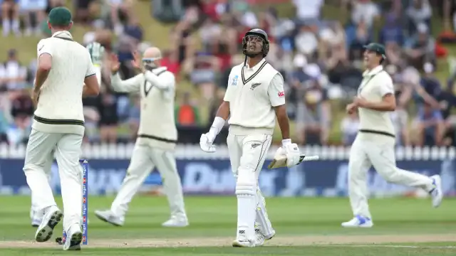 Rachin Ravindra playing the 1st International cricket Test match between New Zealand and Australia at the Basin Reserve in Wellington, New Zealand on March 2, 2024. (Hagen Hopkins/Getty Images)