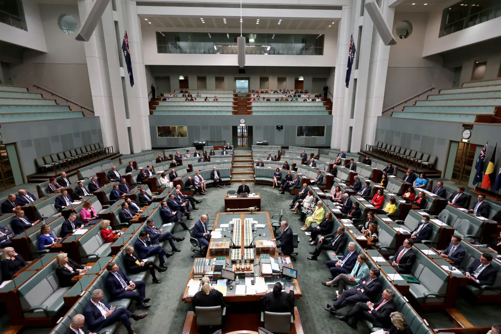 Australian Prime Minister Anthony Albanese sits opposite the leader of the opposition, Liberal Party Peter Dutton, in the House of Representatives at Parliament House in Canberra, Australia on Oct. 16, 2023. (David Gray/AFP via Getty Images)