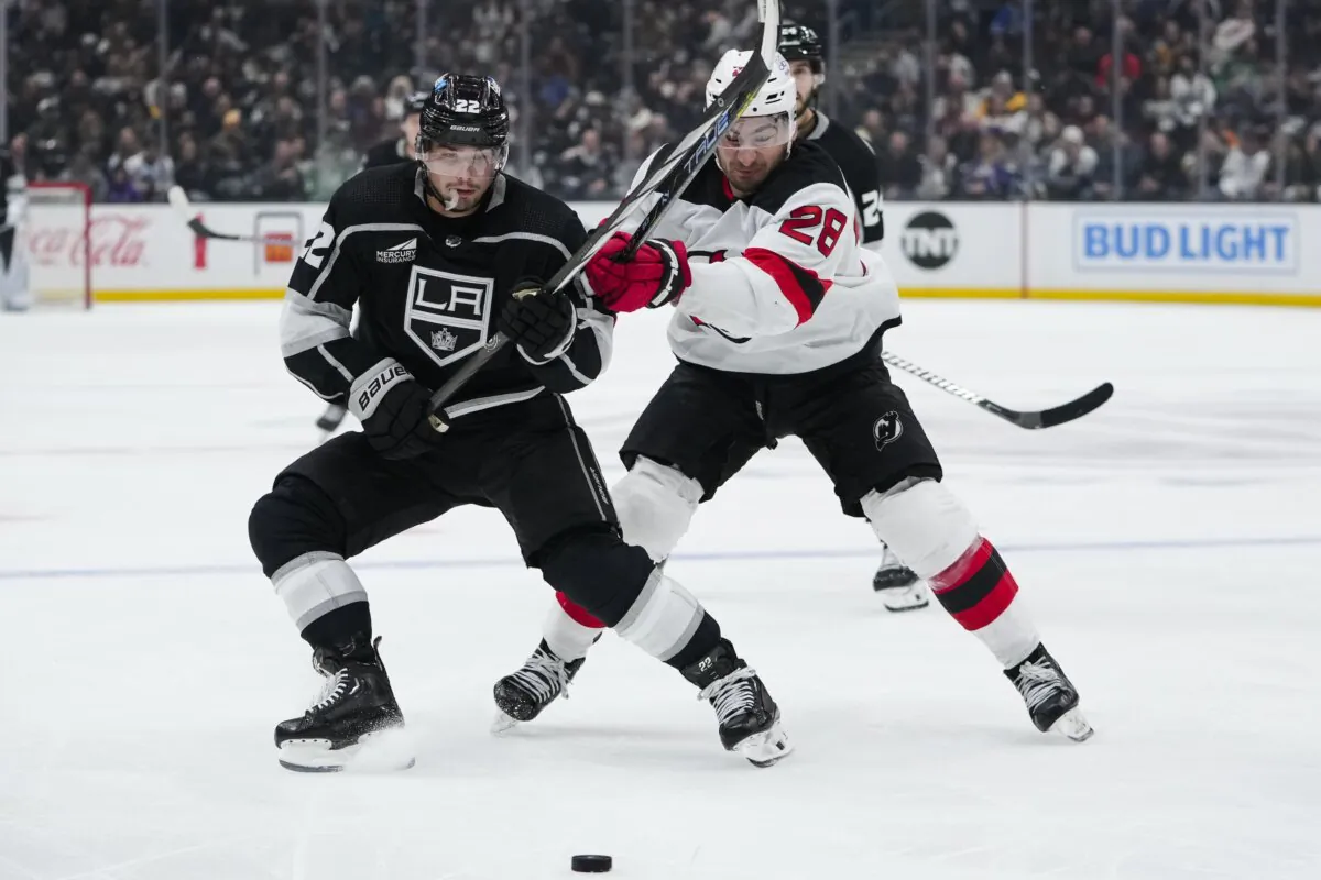 Los Angeles Kings left wing Kevin Fiala (L) and New Jersey Devils right wing Timo Meier vie for the puck during the second period of an NHL hockey game in Los Angeles on March 3, 2024. (Ryan Sun/AP Photo)