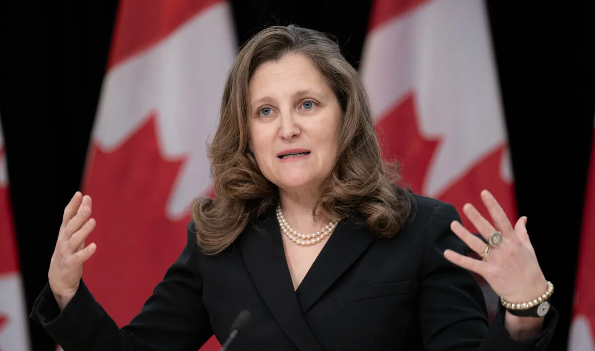 Deputy Prime Minister and Minister of Finance Chrystia Freeland responds to a question during a weekly news conference in Ottawa on  Feb. 27, 2024.  (The Canadian Press/Adrian Wyld)