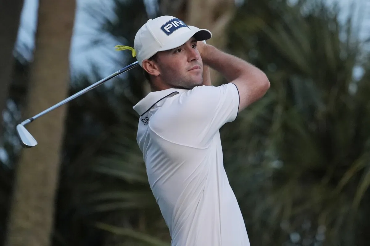 Austin Eckroat hits from the seventh tee during the final round of the Cognizant Classic golf tournament in Palm Beach Gardens, Fla., on March 3, 2024. (Marta Lavandier/AP Photo)