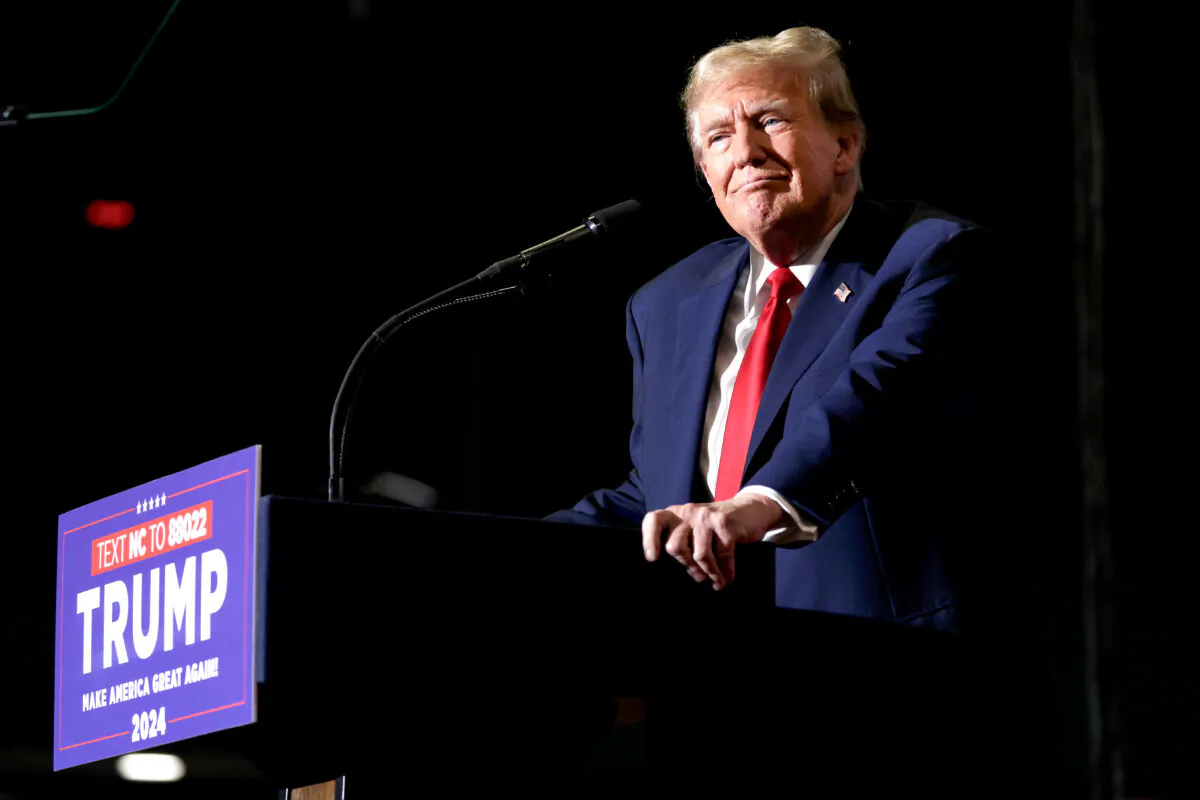 Republican presidential candidate and former President Donald Trump speaks during a campaign event at Greensboro Coliseum in Greensboro, N.C., on March 2, 2024. (Alex Wong/Getty Images)