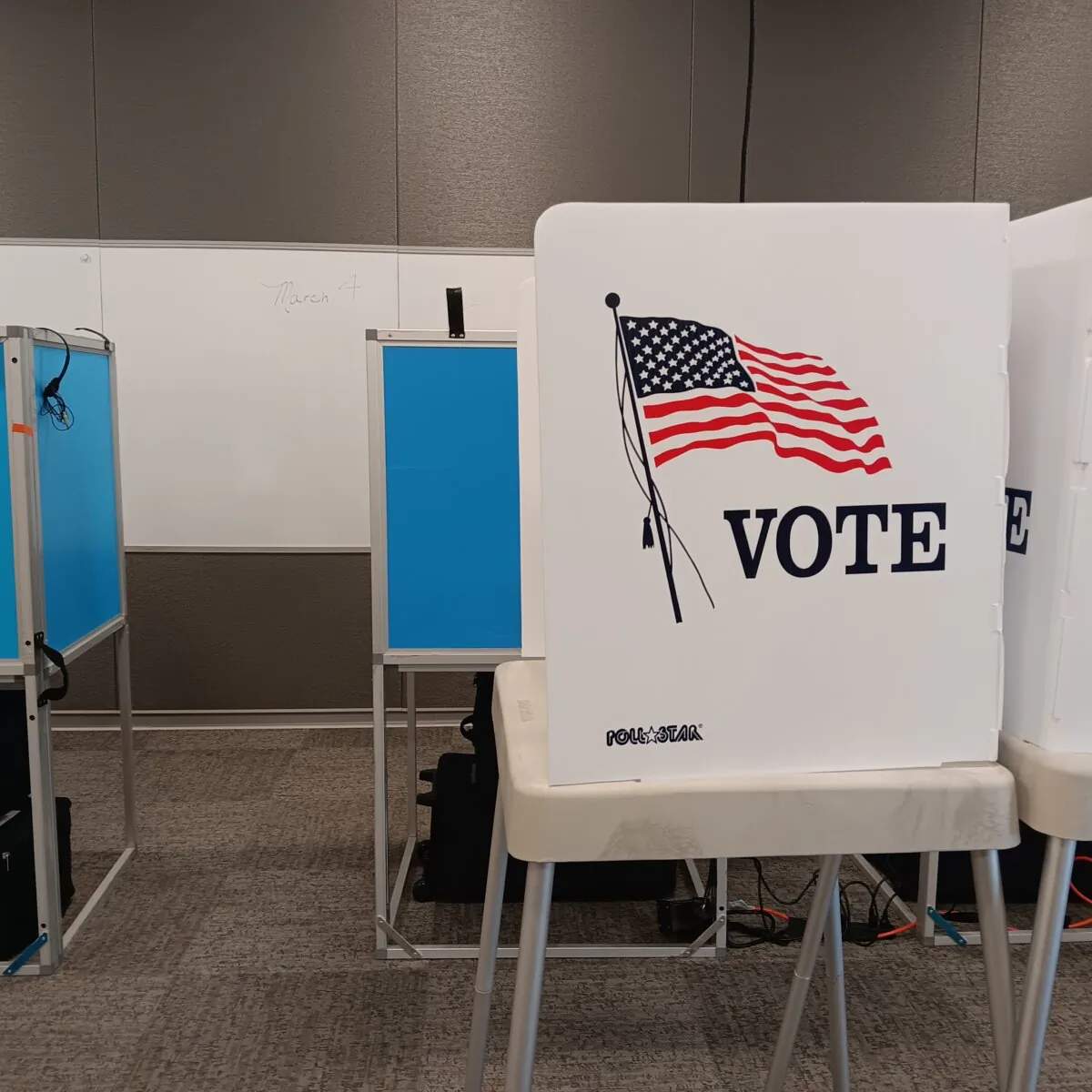 Voting booths at Belmar Library in Jefferson County, Colo., on March 4, 2024. (Nathan Worcester/The Epoch Times)