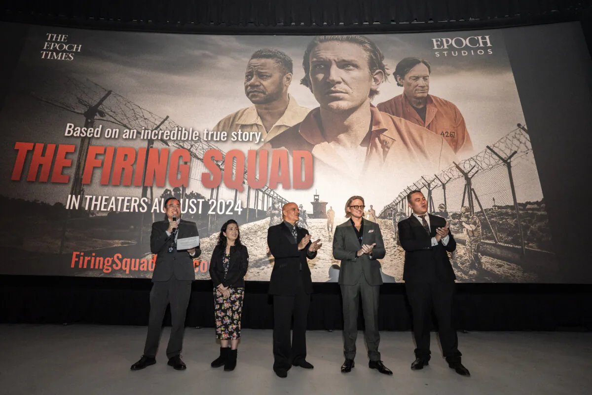 Director Tim Chey, casting director Susan Chey, actor Jonathan Nagy, actor James Barrington, actor Tupua Ainu'u at the Firing Squad screening at AMC Theaters in New York City on March 30, 2024. (Samira Bouaou/The Epoch Times)