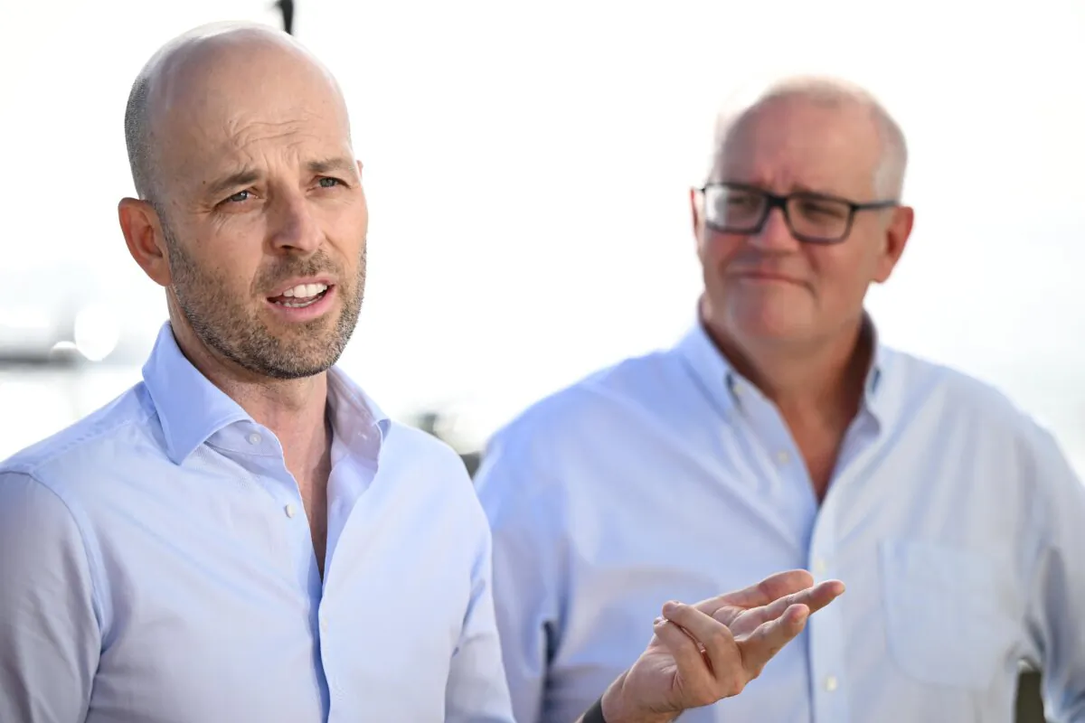 Federal Liberal candidate for the seat of Cook, Simon Kennedy, (left) speaks to media with outgoing member Scott Morrison, at Cronulla Pavilion in Sydney, Australia on March 5, 2024. (AAP Image/Dan Himbrechts)