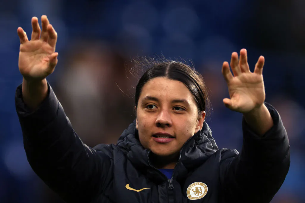 Sam Kerr reacts following Chelsea's victory during the Barclays Women's Super League match between Chelsea FC and Liverpool FC at Stamford Bridge in London, England on Nov. 18, 2023. (Richard Heathcote/Getty Images)