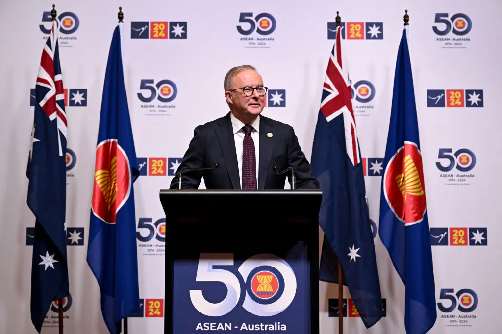 Australia's Prime Minister Anthony Albanese speaks in a press conference during the 50th ASEAN-Australia Special Summit in Melbourne, Australia on March 5, 2024. (William West/AFP via Getty Images)