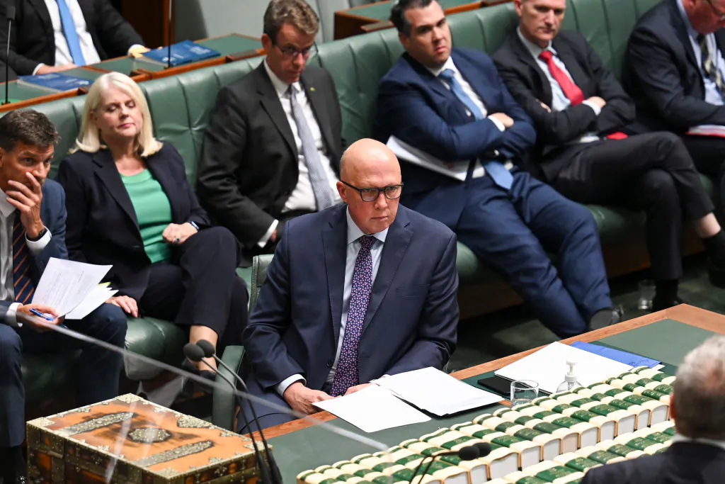Leader of the Opposition Peter Dutton reacts during Question Time at Parliament House in Canberra, Australia on March 30, 2023. (Martin Ollman/Getty Images)